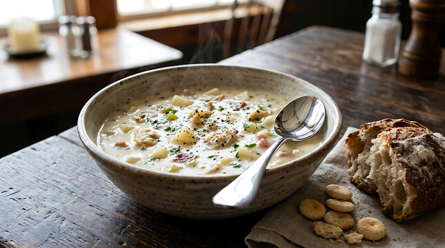Photorealistic New England clam chowder, creamy ivory soup filled with tender clams, diced potatoes and herbs, served in a rustic ceramic bowl with oyster crackers and crusty bread