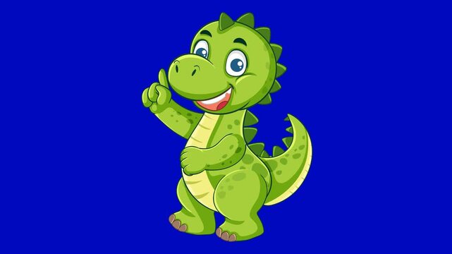 Cute Cartoon Dinosaur Mascot Pointing Finger Up on Chroma Key Blue Screen Background