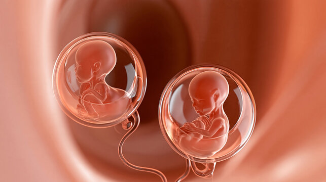 Scientific 3D illustration of two developing human fetuses inside the womb with clearly defined amniotic sacs and umbilical cords, warm translucent lighting, prenatal development,