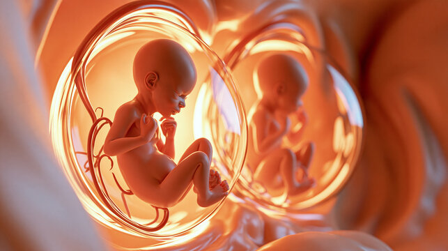 Scientific 3D illustration of two developing human fetuses inside the womb with clearly defined amniotic sacs and umbilical cords, warm translucent lighting, prenatal development,