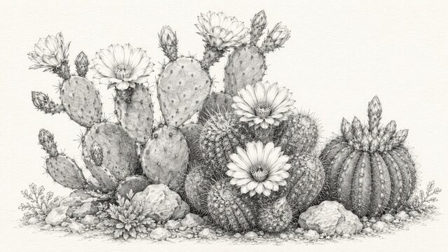 Detailed monochrome pen-and-ink botanical illustration of blooming cacti and succulents
