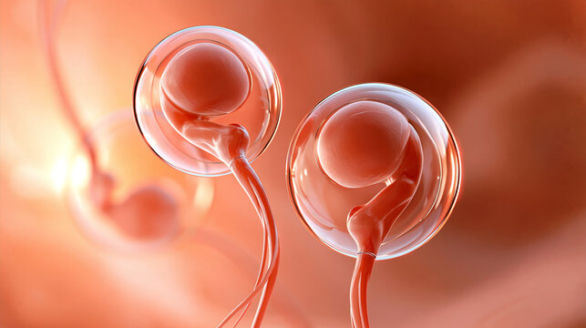 Scientific 3D illustration of two developing human fetuses inside the womb with clearly defined amniotic sacs and umbilical cords, warm translucent lighting, prenatal development,
