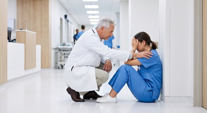 Senior male doctor comforting stressed female nurse sitting on the floor in a busy hospital corridor offering emotional support and compassion after a difficult shift