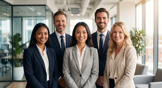 A diverse group of professional business executives standing together confidently while smiling in formal corporate suits during a team meeting