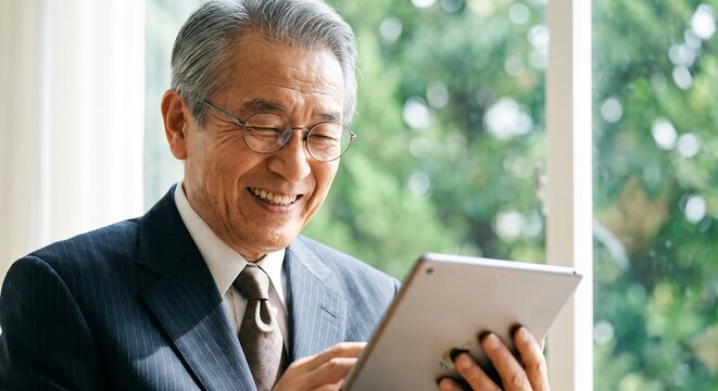Smiling senior businessman using a digital tablet while browsing modern corporate communications with happiness and professional confidence