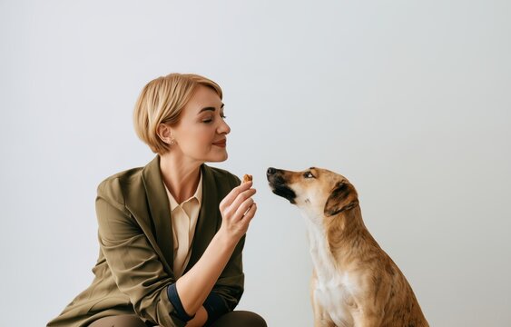 Woman behaviorist trains adopted dog with positive reinforcement indoors