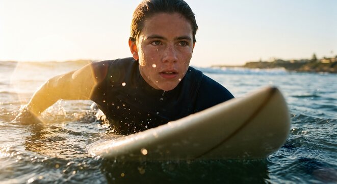 Young male surfer paddling on a surfboard in ocean waves during golden hour sunset while wearing a protective wetsuit and enjoying water sports