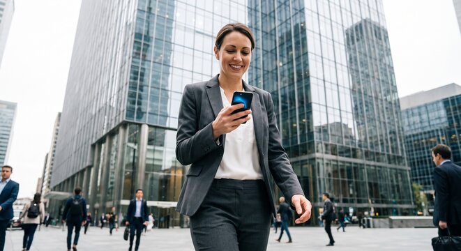 Professional businesswoman using smartphone while walking outside modern financial district surrounded by commuters and corporate skyscrapers during daily morning business travel