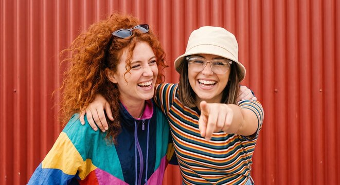 Two cheerful young female friends smiling together while embracing, pointing playfully forward, and wearing colorful retro streetwear clothing