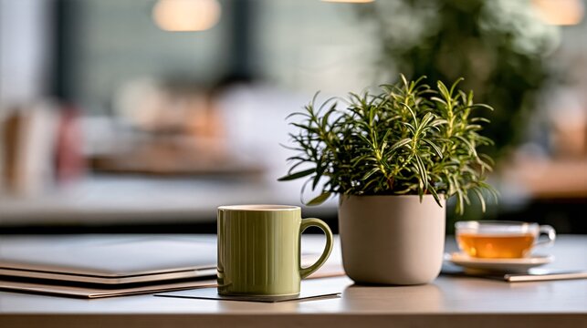Employee wellbeing workspace with tea, plant, and closed laptop