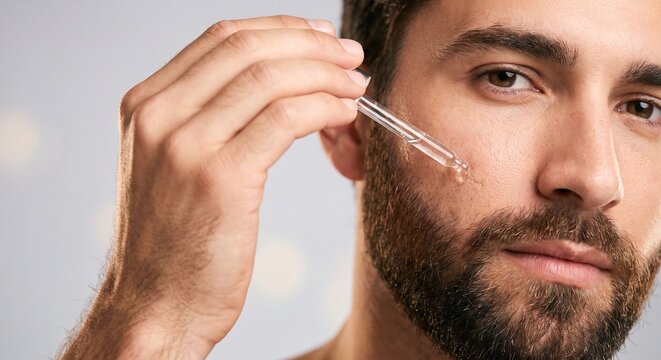 Handsome bearded man applying moisturizing facial serum with a pipette dropper to his cheek during his daily skincare and grooming routine
