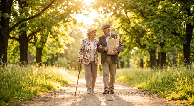 Senior couple walking together through a park while carrying fresh groceries and enjoying a warm sunny day during peaceful retirement