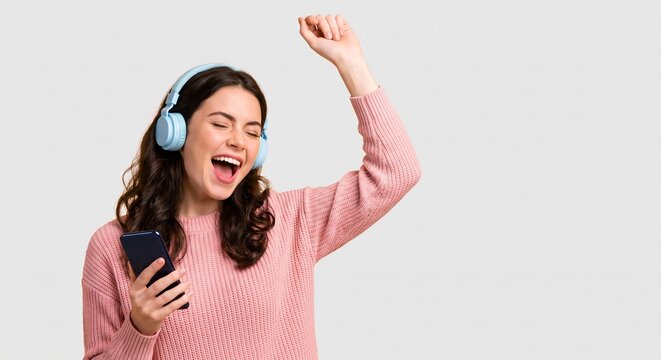 Happy young woman listening to music with headphones and smartphone while singing and raising her hand in excitement wearing a casual pink knitted sweater
