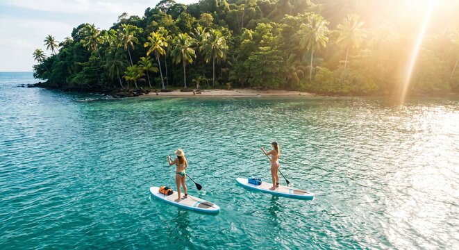 Two active women stand up paddleboarding along the turquoise tropical ocean waters near a lush green island with palm trees during a sunny summer vacation getaway