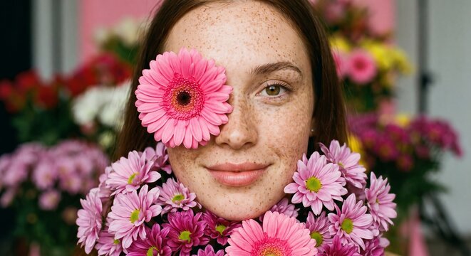 Freckled young woman with pink gerbera flower covering her eye smiles gently while surrounded by blooming floral petals in natural beauty and skincare portrait