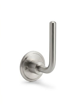 Modern brushed nickel door handle with curved lever and circular backplate