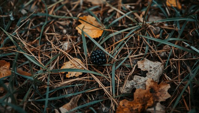 A blackberry lying on the ground, a potential snack or a sign of something gone wrong