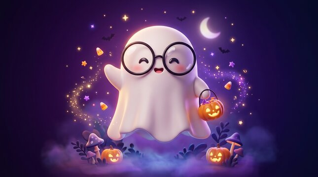 Cute ghost with round glasses floating among glowing pumpkins, magical Halloween night, purple background, whimsical cartoon illustration.