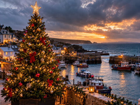 Weihnachten in Irland: Ein gro&szlig;er Weihnachtsbaum mit roten und goldenen Kugeln schm&uuml;ckt einen winterlichen Dorfplatz. Historische Steinh&auml;user und eine Kirche leuchten im sanften Sonnenlicht.