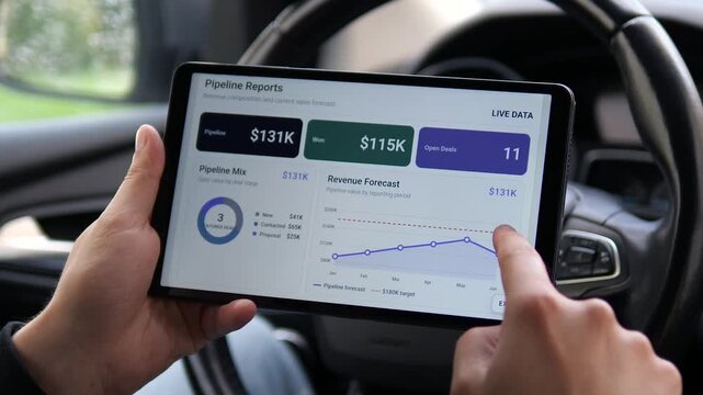 Sales manager reviews live CRM reports on a tablet, tracking pipeline value, won revenue and open deals to support faster forecasting and data-driven decisions.