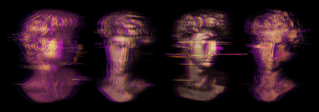 Glitch effect portrait of ancient philosopher bust: four Greek marble statue heads in purple and gold halftone, pixelated face distortion, dissociation and mental health concept on black