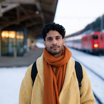 Young man portrait at a snowy train station with orange scarf and beige sweater for winter travel background and banner design