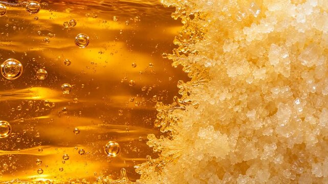Golden Oil Bubble Closeup, Coarse Sugar Crystal Texture with Amber Syrup, Warm Sparkling Food Ingredient Macro Background for Culinary Design