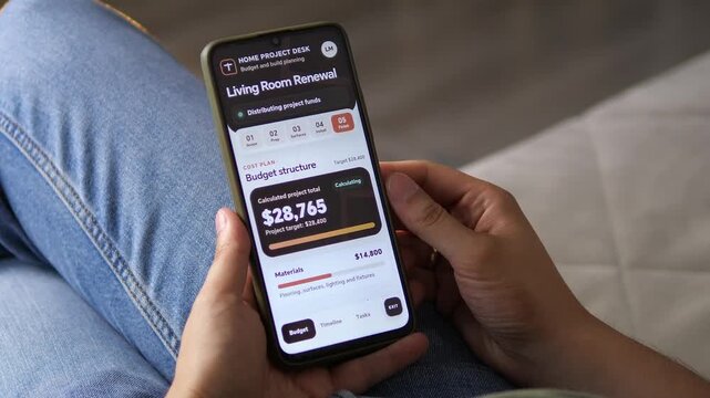 Smartphone renovation planner tracks a living room budget as material costs push the project over target before a revised estimate brings spending back under control.