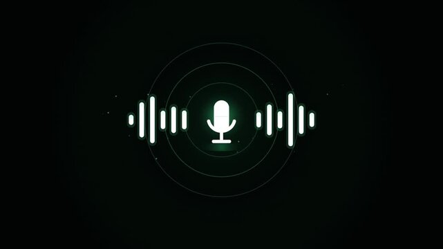 Digital voice assistant interface with glowing microphone icon and audio equalizer bars
