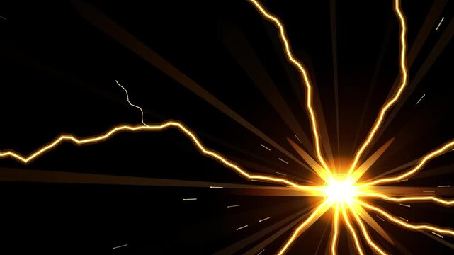 Dynamic electric energy burst with bright light, radiating lightning, and sparks on black