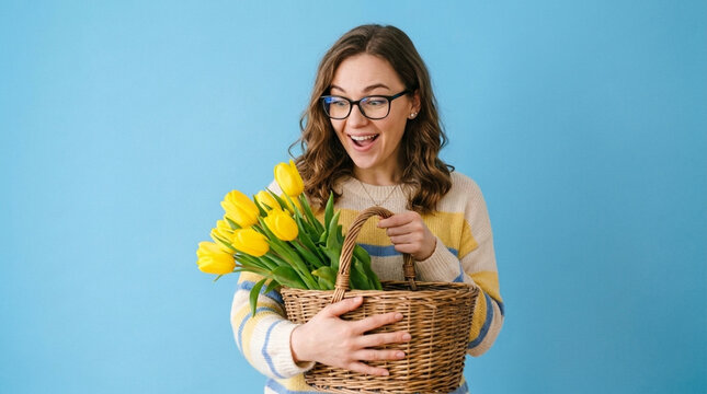 Joyful Woman Holding Basket of Yellow Tulips Surprise Gift Spring Celebration