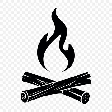 Campfire Icon with Flame and Crossed Logs, Vector Illustration. Black Bonfire and Firewood Silhouette Isolated. Camping, Hiking, Outdoor Adventure and Campsite Vector Illustration