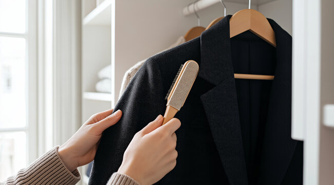 Hands brushing a black wool coat hanging on a wooden hanger with a clothes brush in a bright wardrobe by a window, garment care and seasonal clothing preparation concept
