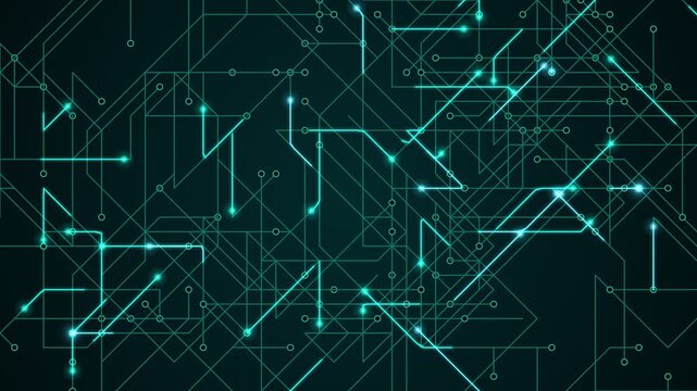 Abstract digital circuit board pattern with glowing cyan lines and nodes on a dark teal background representing technology and data flow