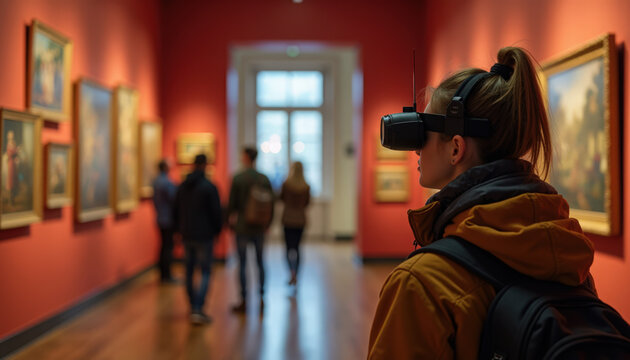 Visitor using virtual reality headset in art gallery with vibrant red walls and famous paintings displayed, enjoying immersive experience with contemporary art and history.