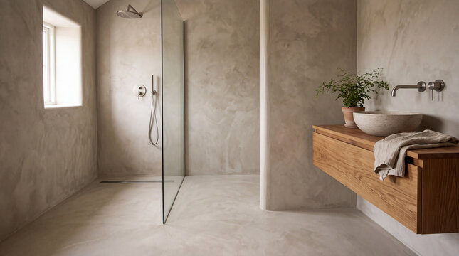 Modern bathroom with seamless microcement walls and walk-in shower