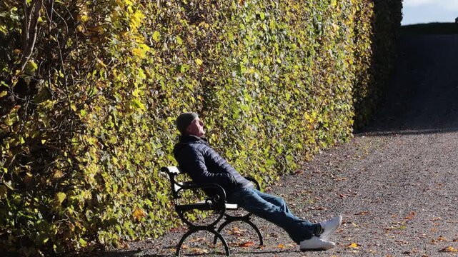 Stockholm, Sweden A man walks through a public park in the golden autumn sunshine. 