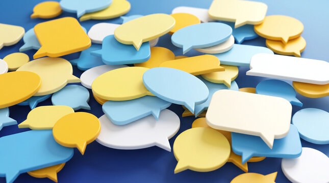 3d render of a pile of colorful speech bubbles in yellow, blue, and white on a blue background