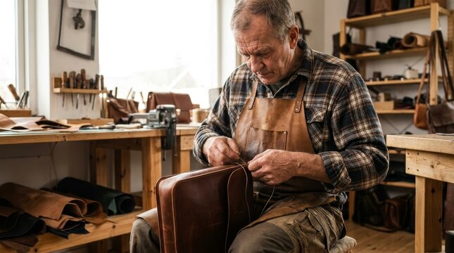 Senior male craftsman stitching leather bag in a rustic workshop