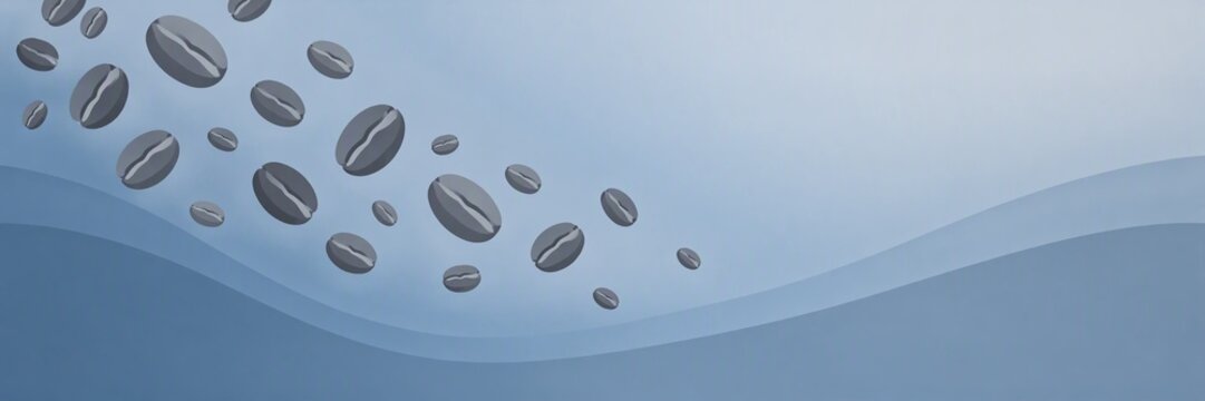 Dark coffee beans scattered diagonally across abstract curvy blue background
