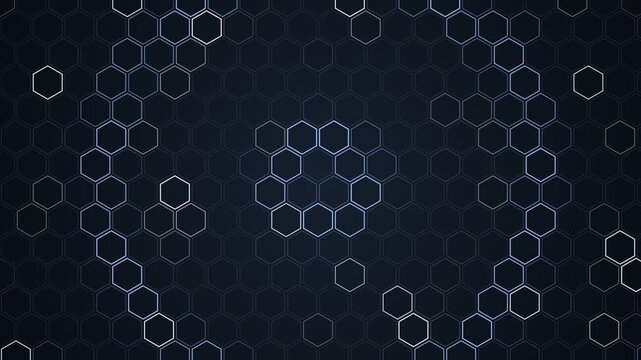 Abstract dark blue background with glowing white and blue hexagonal grid pattern animation