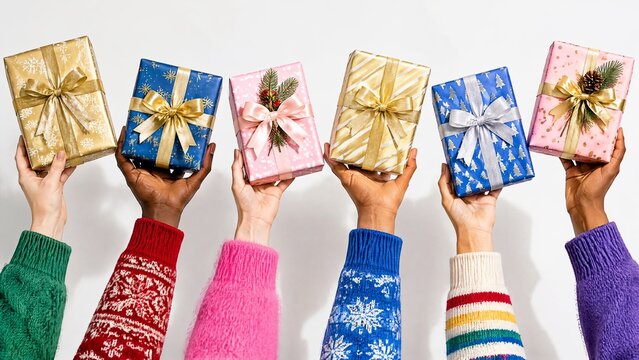 Six hands holding colorful Christmas gift boxes with festive wrapping paper and ribbons
