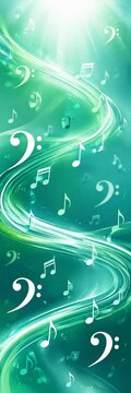 Abstract green background with curving light swirls and floating musical notes and bass clef symbols