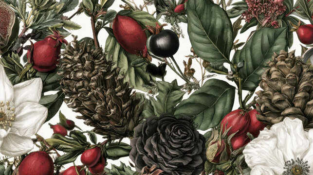 botanical seamless pattern with dark pine cones white anemone flowers red berries and dark green leaves vintage floral background botanical illustration wallpaper textile design seamless texture