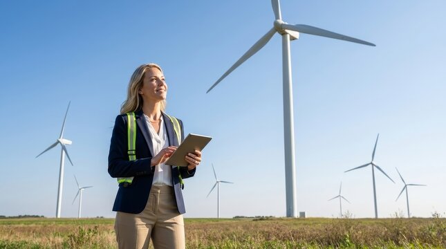 Environmental consultant inspecting wind turbines with tablet outdoors