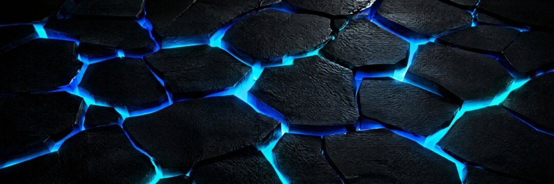 Dark cracked stone surface with glowing blue light shining through wide gaps