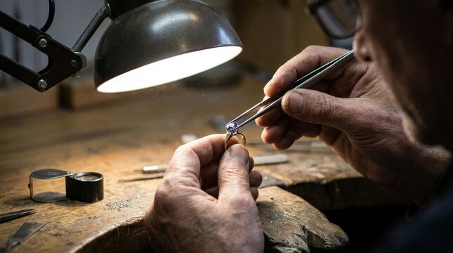 Close-up of jeweler hands using precision tweezers to set a gemstone