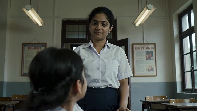 Approaching classmate in uniform placing hands on desk edge, addressing tearful girl in class