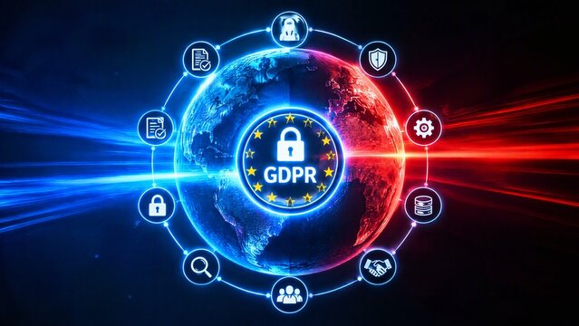 Glowing digital globe with GDPR lock surrounded by data security icons and blue red light effects