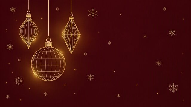 Three golden Christmas ornaments with snowflakes on dark red festive background
